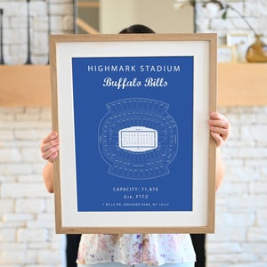 May include: A framed blueprint-style print of Highmark Stadium, home of the Buffalo Bills, in a wooden frame. The print is on a blue background with white text that includes the stadium name, team name, capacity, and establishment year.