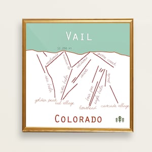 May include: A minimalist illustration of the Vail ski resort in Colorado. The illustration shows the different ski runs and the names of the different areas of the resort. The text "Vail" and "Colorado" are also included in the illustration.
