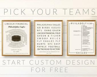 Philadelphia Eagles Set of Three Prints. Create your Own NFL Set. Lincoln Financial Field, Typography and Historical Timeline.