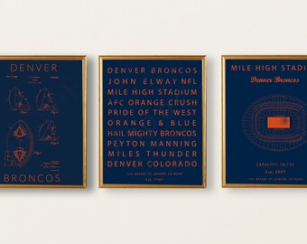 Denver Broncos set of 3 prints, Football Patent Art, Broncos subway art, Mile High seating chart, Denver Broncos vintage decor, Subway Art.