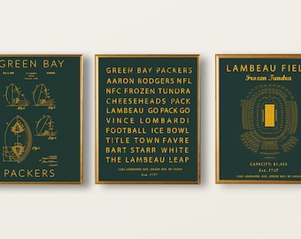 Green Bay Packers set of 3 prints, Football Patent Art, Packers subway art, Lambeau field seating chart, Green Bay Packers vintage decor.
