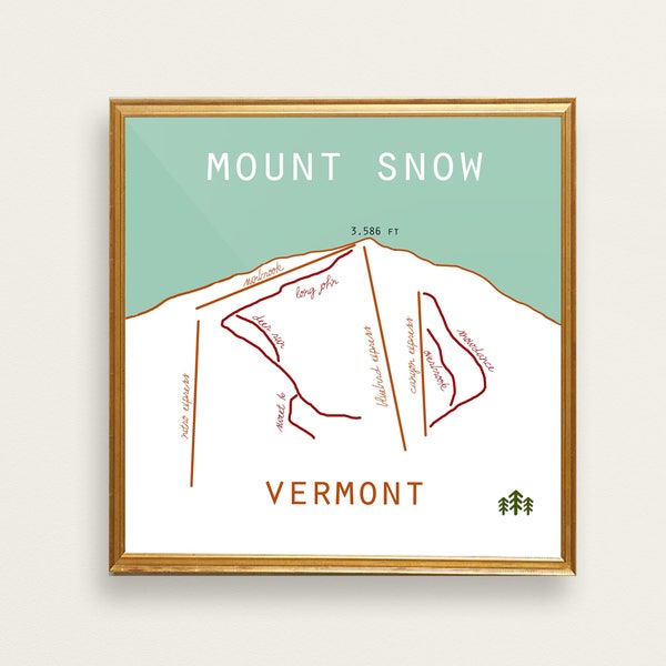 Mount Snow Vermont Ski Trail. Vermont ski art. mount snow map. Vermont art. ski sign. ski decor. mountain print. gift for skier. ski art.