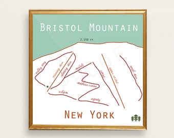 Bristol Mountain New York Ski Trail. New York ski art.Bbristol mountain map. New York art. ski sign. ski decor. gift for skier. ski fine art