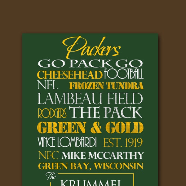 Personalized Green Bay Packers Print or Canvas. greenbay packers. packers. gift for packers fan. gift for him. gift for dad. custom greenbay