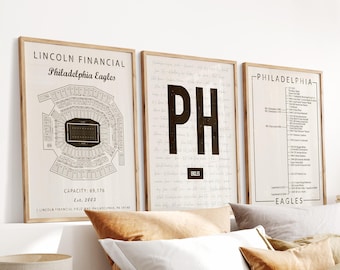 Philadelphia Eagles Wall Art Set of 3 | Gift for Him | Lincoln Financial Field, Typography & Timeline | Christmas Gift for Football Fans