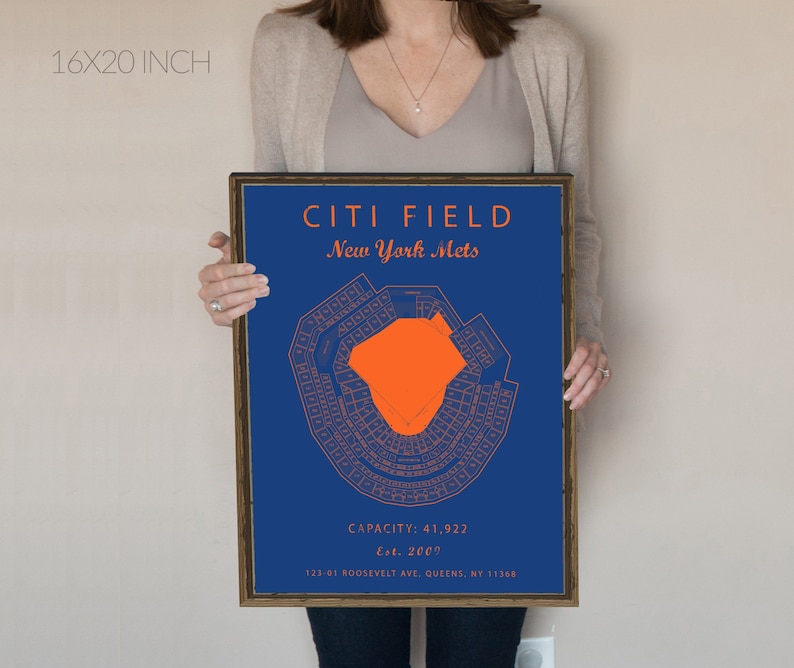 May include: A blue and orange print of Citi Field, home of the New York Mets. The print shows the seating chart of the stadium with the text "CITI FIELD" and "New York Mets" at the top. The print also includes the stadium's capacity, year established, and address.