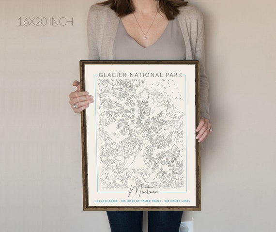 Glacier National Park topography map, Montana, National Park Art, hiking gift, outdoors art, topographic map, gift for him, adventure map.
