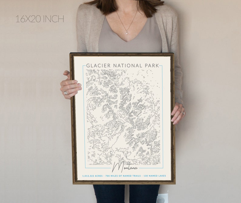 Mapa topográfico del Parque Nacional Glaciar, Montana, arte del Parque Nacional, regalo de senderismo, arte al aire libre, mapa topográfico, regalo para él, mapa de aventuras. imagen 1