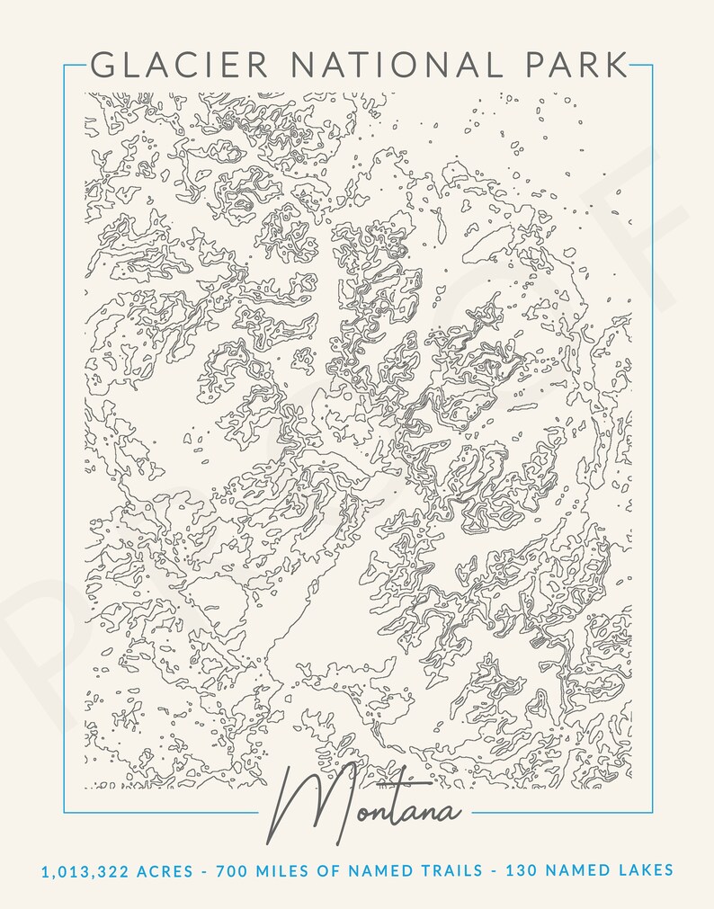 Mapa topográfico del Parque Nacional Glaciar, Montana, arte del Parque Nacional, regalo de senderismo, arte al aire libre, mapa topográfico, regalo para él, mapa de aventuras. imagen 2