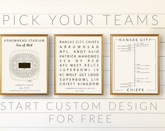 Kansas City Chiefs Set of Three Prints. Customize. Gift for the football fan. kc chiefs. gift for chiefs fan. NFL decor. Arrowhead Stadium.