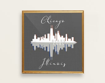 Personalized Chicago Print, Chicago skyline art, Chicago Bears, Chicago Cubs, Illinois, Wedding Present, Chicago Map, Chicago engagement art