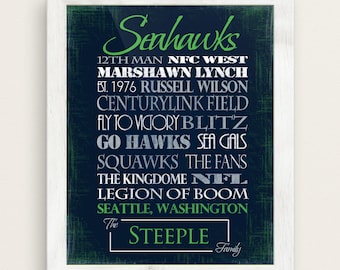 Seattle Seahawks. Personalized. Print or Canvas. Seahawks decor, Seattle art. Seattle print. gifts for dad. gifts for him. man cave art