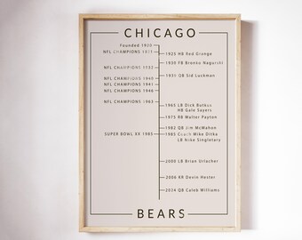 Chicago Bears Football Timeline Print | Vintage Neutral Sports Decor | Bears History Poster | Football Man Cave Decor | Gift for Bears Fan