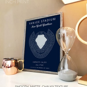 Puede incluir: Una impresi&oacute;n enmarcada de un mapa azul y blanco del Yankee Stadium, con el texto "YANKEE STADIUM New York Yankees" en la parte superior. La impresi&oacute;n tambi&eacute;n incluye la capacidad del estadio, la fecha de establecimiento y la direcci&oacute;n. La impresi&oacute;n est&aacute; enmarcada en un marco de madera claro y se encuentra sobre una superficie blanca.