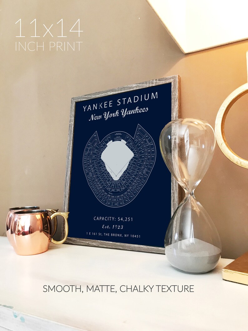Puede incluir: Una impresi&oacute;n enmarcada de un mapa azul y blanco del Yankee Stadium, con el texto "YANKEE STADIUM New York Yankees" en la parte superior. La impresi&oacute;n tambi&eacute;n incluye la capacidad del estadio, la fecha de establecimiento y la direcci&oacute;n. La impresi&oacute;n est&aacute; enmarcada en un marco de madera claro y se encuentra sobre una superficie blanca.