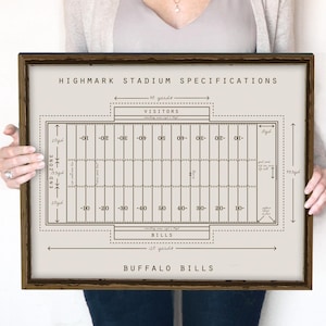 May include: A black and white illustration of a football field with yard lines and end zones. The field is labelled "HIGHMARK STADIUM SPECIFICATIONS" and "BUFFALO BILLS". The field is 120 yards long and 53 1/3 yards wide.