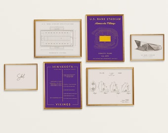 Minnesota Vikings 6-Piece Wall Art Set —US Bank Stadium, Timeline, Stadium Specs & Vintage Football Prints or Digital Download