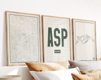 Aspen Colorado 3 piece Wall Art Set, Topography Elevation Map, Typography and Ski Snowmass Map