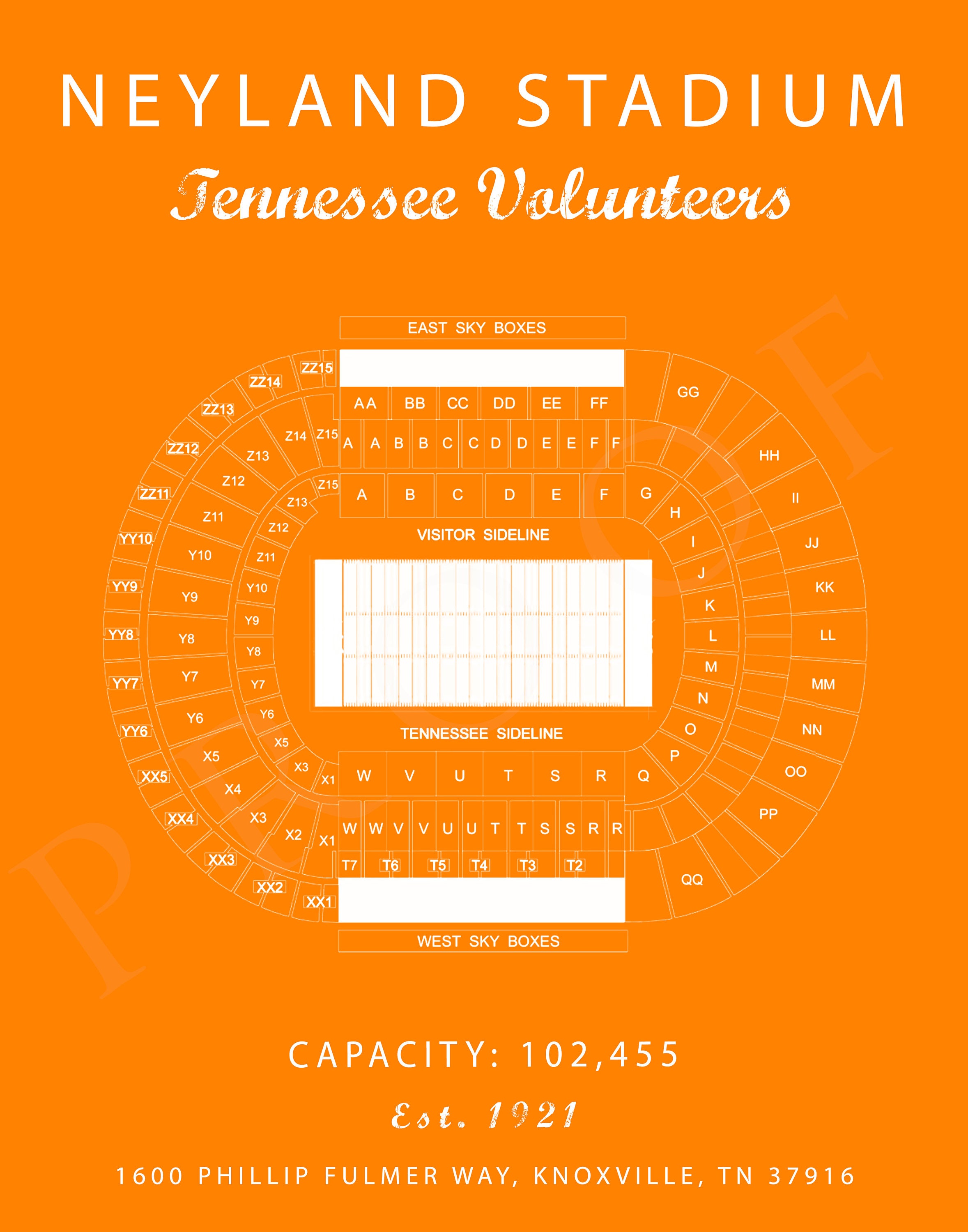 Neyland Stadium Seating Chart Tennessee Volunteers Neyland Etsy