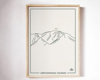 Aspen Snowmass Ski Map Print or Canvas – Minimalist Aspen Colorado Wall Art, Mountain Decor for Skiers, Winter Cabin Gift