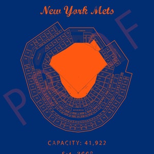 May include: A diagram of Citi Field, home of the New York Mets, with a blue background and orange seating chart. The stadium's capacity is 41,922 and it was established in 2009. The address is 123-01 Roosevelt Ave, Queens, NY 11368.