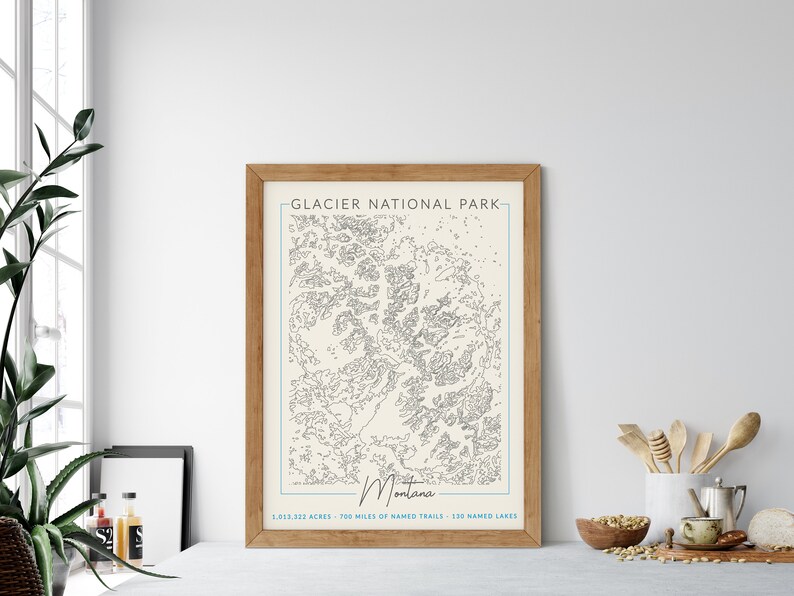 Mapa topográfico del Parque Nacional Glaciar, Montana, arte del Parque Nacional, regalo de senderismo, arte al aire libre, mapa topográfico, regalo para él, mapa de aventuras. imagen 5