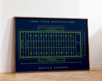May include: A blue and green diagram of a football field with the text "LUMEN FIELD SPECIFICATIONS" and "SEATTLE SEAHAWKS" at the top and bottom of the image. The field is marked with yard lines and end zones.
