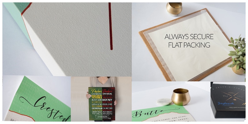 May include: A close-up of a green canvas print with the word "Crested" written in black calligraphy. The print is framed with a thin red border. The image also shows a black box with the word "Joyfulprints" printed on it. The text "ALWAYS SECURE FLAT PACKING" is printed on a white sheet of paper.