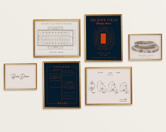 Chicago Bears 6-Piece Wall Art Set — Solider Field, Timeline, Stadium Specs & Vintage Football Prints or Digital Download