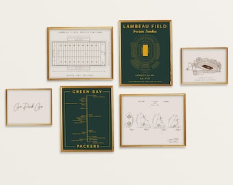 Green Bay Packers 6-Piece Wall Art Set — Lambeau Field Timeline, Stadium Specs & Vintage Football Prints