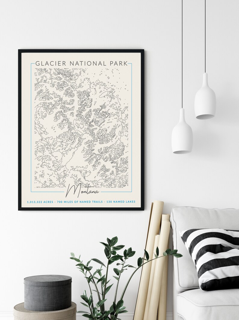 Mapa topográfico del Parque Nacional Glaciar, Montana, arte del Parque Nacional, regalo de senderismo, arte al aire libre, mapa topográfico, regalo para él, mapa de aventuras. imagen 8