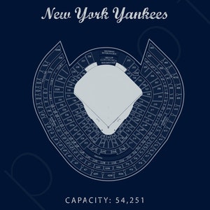 Puede incluir: Un diagrama azul y blanco del Yankee Stadium, hogar de los New York Yankees. El diagrama muestra el plano de los asientos e incluye la capacidad del estadio, 54.251, y el a&ntilde;o en que se estableci&oacute;, 1923. La direcci&oacute;n del estadio tambi&eacute;n est&aacute; incluida: 1 E 161 St, THE BRONX, NY 10451.