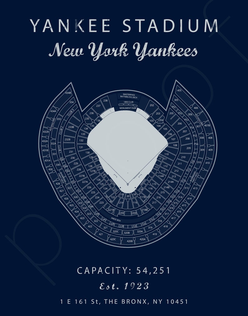 Puede incluir: Un diagrama azul y blanco del Yankee Stadium, hogar de los New York Yankees. El diagrama muestra el plano de los asientos e incluye la capacidad del estadio, 54.251, y el a&ntilde;o en que se estableci&oacute;, 1923. La direcci&oacute;n del estadio tambi&eacute;n est&aacute; incluida: 1 E 161 St, THE BRONX, NY 10451.