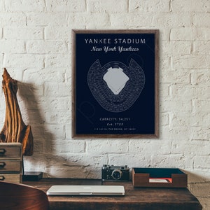 Puede incluir: Una impresi&oacute;n enmarcada de un mapa detallado del Yankee Stadium, hogar de los New York Yankees. El mapa est&aacute; en azul y blanco sobre un fondo azul oscuro. El texto en la impresi&oacute;n dice "Yankee Stadium, New York Yankees, Capacidad: 54.251, Est. 1923, 1 E 161 St. The Bronx, NY 10451."