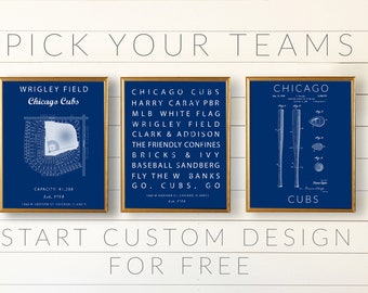 Boys room sports poster. Chicago Cubs office wall art for men. Wrigley Field Baseball subway art typography. Baseball patent prints.