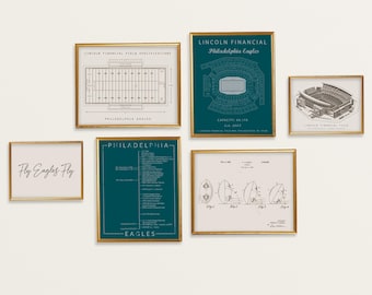 Philadelphia Eagles 6-Piece Wall Art Set — Lincoln Financial Stadium, Timeline, Stadium Specs & Vintage Football Prints