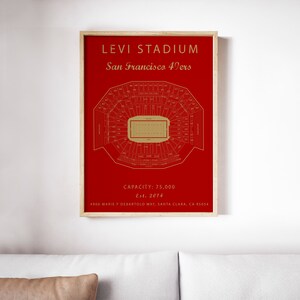 May include: A red and gold print of Levi's Stadium, home of the San Francisco 49ers. The print includes the stadium's name, team name, capacity, and address.