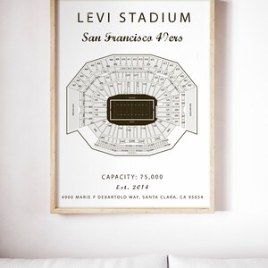 May include: A black and white diagram of Levi's Stadium, home of the San Francisco 49ers. The stadium is a modern, open-air venue with a capacity of 75,000. The stadium is located at 4900 Marie P DeBartolo Way, Santa Clara, CA 95054. The stadium was built in 2014.