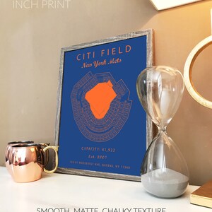 May include: A 11x14 inch print of a blue and orange baseball stadium map with the text "Citi Field, New York Mets, Capacity: 41,922, Est. 2009, 123-01 Roosevelt Ave, Queens, NY 11368". The print has a smooth, matte, chalky texture.