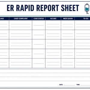 May include: A white ER Rapid Report Sheet with dark blue text and borders. The header features a stethoscope, IV bag, clipboard, and hospital bed icon. It includes columns for room, name/age, chief complaint, code status, IV/labs, meds, to-do, and disposition.