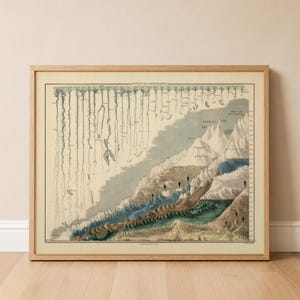 May include: A framed vintage-style print titled Physical Geography, featuring a detailed diagram of world rivers and mountain ranges. The illustration displays vertical river paths alongside snow-capped peaks, labeled with continents and regions.