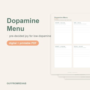 Könnte beinhalten: Eine digitale und druckbare Dopamine Menu PDF-Vorlage auf hellcremefarbenem Hintergrund. Das Dokument enthält Abschnitte für Starters, Mains, Desserts und Specials mit leeren Zeilen zum Schreiben. Der Text umfasst Dopamine Menu und GUYFROMREHAB.