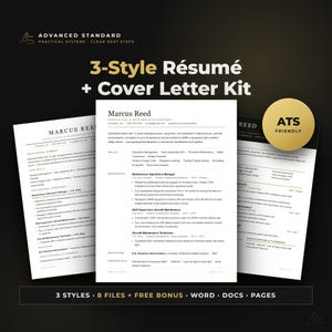 Peut inclure: Un kit de CV et lettre de motivation en 3 styles avec des documents blancs et du texte noir, incluant un badge circulaire doré marqué ATS FRIENDLY. Le texte affiche ADVANCED STANDARD, 3-Style Resume + Cover Letter Kit, et 3 STYLES 8 FILES FREE BONUS.