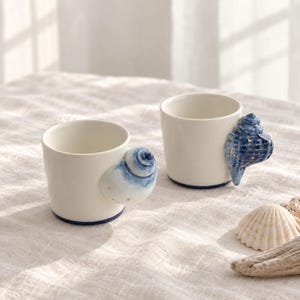 Hand Painted Seashell Ceramic Cup, Cobalt Blue Coastal Pottery Mug, Ocean Inspired Gift for Her or Beach Lover