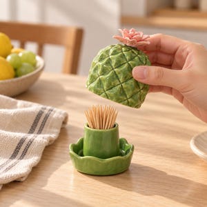 Puede incluir: Un palillero de cerámica con forma de piña, cuerpo verde texturizado y una pequeña flor rosa en la parte superior. La tapa está levantada para mostrar un grupo de palillos de madera marrón claro dentro de una base cilíndrica verde con borde festoneado.
