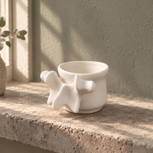 May include: A matte white ceramic mug featuring a unique, abstract, organic-shaped handle that extends outward from the side. The mug has a smooth, rounded body and a wide opening, showcasing a clean, solid color finish throughout the entire piece.
