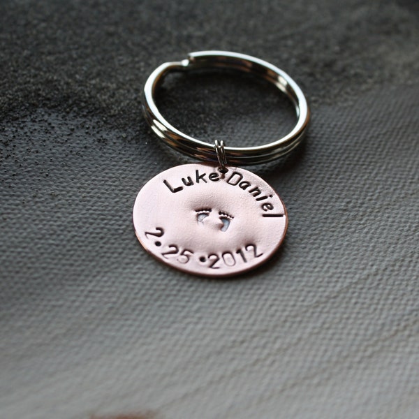 Copper Keychain for Dad. New Dad Gift. Fathers Day Gift. Baby Birthdate. Personalized Keyring. Handstamped