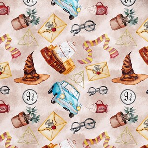 May include: A repeating pattern on a light brown background featuring watercolor illustrations of a blue car, round glasses, a sorting hat, a red scarf with yellow stripes, a potted plant, a white owl in a cage, and a 9 3/4 sign.