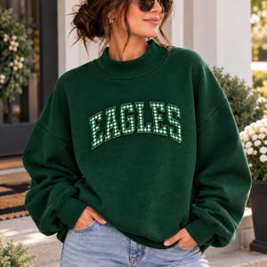Custom Embroidered Mockneck Sweatshirt, Personalized Varsity Applique Crewneck, Custom Team Name Pullover, Gingham Patch