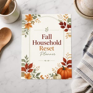 May include: A rectangular planner cover with a cream background featuring the text Fall Household Reset Planner in dark brown and orange. The design is decorated with watercolor illustrations of orange and red autumn leaves and two pumpkins.